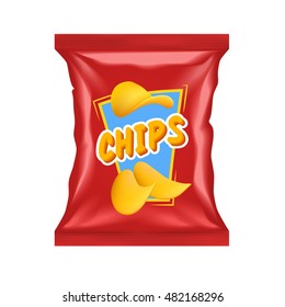 Realistic Red Chips Package With Snack Label Isolated With Shadows And Highlights Vector Illustration