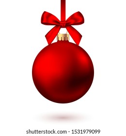 Realistic  red   Christmas  ball  with bow and ribbon isolated on white background. Vector  Xmas  tree decoration.