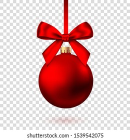 Realistic  red   Christmas  ball  with bow and ribbon isolated on white background. Vector  Xmas  tree decoration.