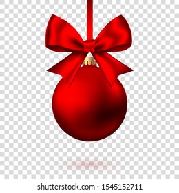 Realistic  red   Christmas  ball  with bow and ribbon isolated on white background. Vector  Xmas  tree decoration.