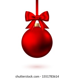 Realistic  red   Christmas  ball  with bow and ribbon isolated on white background. Vector  Xmas  tree decoration.