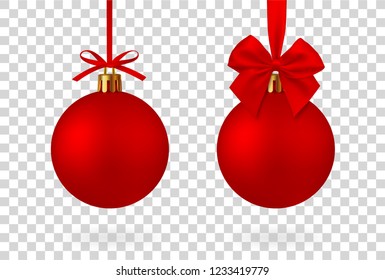 Realistic Red Christmas ball with ribbon and bow, isolated on white background - stock vector.