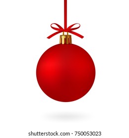 Realistic Red Christmas ball with ribbon and bow, isolated on white background - stock vector.