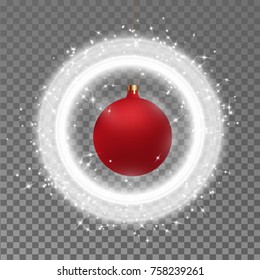 Realistic red christmas ball and Shiny particles and flares on magic ring on transparent background.