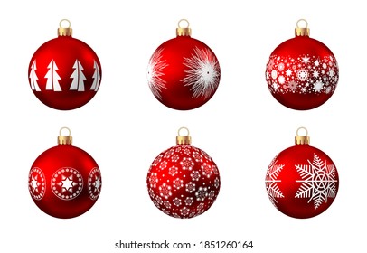 Realistic  red   Christmas  balls  with pattern  isolated on white background. Xmas  tree decoration. Vector bauble collection.