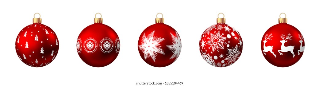 Realistic  red   Christmas  balls  with pattern  isolated on white background. Xmas  tree decoration. Vector bauble collection.