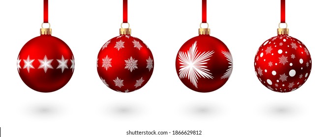 Realistic  red   Christmas  balls  with pattern  isolated on white background. Xmas  tree decoration. Vector bauble collection.