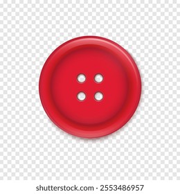 Realistic Red Clothes Button with Four Holes. Sewing item decoration design. Tailor craft accessories element. Vector EPS 10