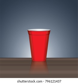 Realistic red coffee cup on wooden floor isolated on  dark blue background,Vector, eps10.