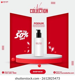 Realistic red color podium background design vector. Flash sale product modern social media banner design with showcase. Red cosmetic product sales social media post design with 3D cylinder podium.