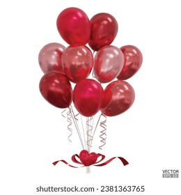 Realistic red Colorful Bunch of balloons with red heart, ribbons isolated on white Background. Bouquets of balloons Flying for Party, card, decor, Birthday, Celebrations. 3D Vector Illustration.