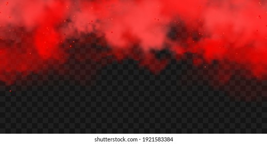 Realistic red colorful smoke clouds, mist effect. Fog isolated on transparent background. Vapor in air, steam flow. Vector illustration.
