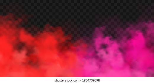 Realistic red colorful smoke clouds, mist effect. Fog isolated on transparent background. Vapor in air, steam flow. Vector illustration.