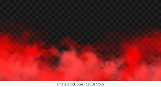 Realistic red colorful smoke clouds, mist effect. Fog isolated on transparent background. Vapor in air, steam flow. Vector illustration.