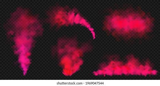 Realistic red colorful smoke clouds, mist effect. Colored fog on dark background. Vapor in air, steam flow. Vector illustration.