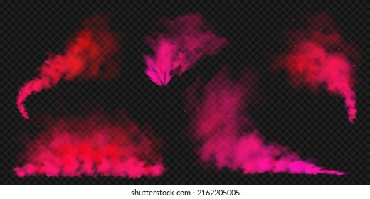 Realistic red colorful smoke clouds, mist effect. Colored fog on dark background. Vapor in air, steam flow. Vector illustration.