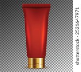 Realistic red cosmetic tube with golden cap on transparent background