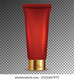 Realistic red cosmetic tube with golden cap on transparent background