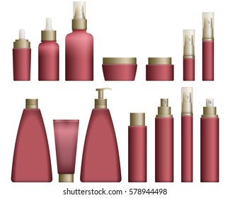 Realistic red Cosmetics bottles set on white background. Cosmetic cream containers and tubes for cream, lotion and shampoo, gel and balsam in pink colors. Vector Illustration