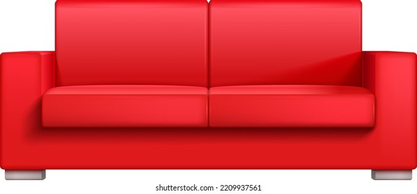 Realistic Red Couch Front View. Comfortable Sofa