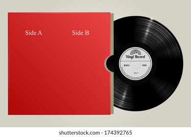 realistic, red cover and classic vinyl record, vector illustration