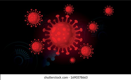 realistic red covid-19 molecules dark background