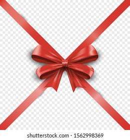 Realistic red cross silk gift bow with ribbon isolated on transparent background. Valentine or christmas celebration bow. Satin decoration gift ribbon bows. Vector illustration