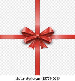 Realistic red cross silk gift bow with ribbon isolated on transparent background. Valentine or christmas celebration bow. Satin decoration gift ribbon bows. Vector illustration