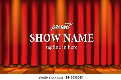 realistic red curtain stage show at theater with wood floor and lightning. suitable for ads mock up concept