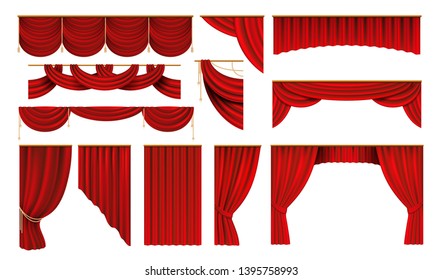 Realistic red curtains. Cinema and theater stage borders, 3D elegant backdrop folding drapery. Vector movie and opera interior silk