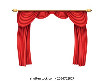 Realistic red curtains. Luxury velevet drapery with pelmet