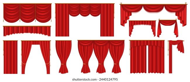 Cortinas rojas realistas mega conjunto en diseño gráfico plano. Elementos de paquete de diferentes formas de borde de tela interior de cortinas de seda para la decoración del escenario del teatro. Ilustración vectorial de objetos aislados