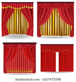 realistic red curtains set, red velvet curtains with gold inserts, vector illustration isolated on white background