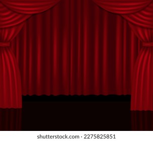 Realistic red curtains and stage with fairy glow, vector background. Award show. Stage red drapery and spotlights. Movie night or showtime.