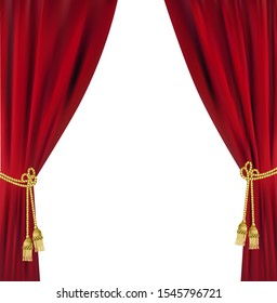 Realistic red curtains. theater stage borders, 3D elegant backdrop folding drapery. Vector movie and opera interior velvet.