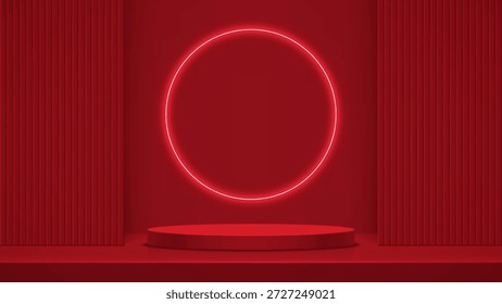 Realistisches rotes zylindrisches 3D-Podium mit Leuchtneon für die Präsentation