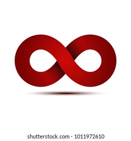 Realistic Red Denim texture of Endless infinity loop vector symbol for graphic illustration design concept idea Original
