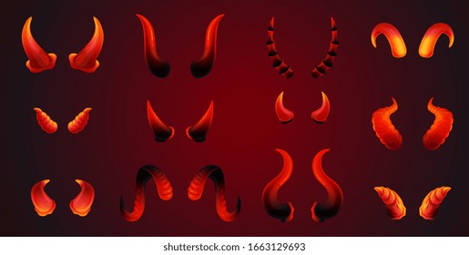 Realistic red devil horn pair set in different shapes and sizes - evil Satan horns collection with glowing in the dark effect. Vector illustration.