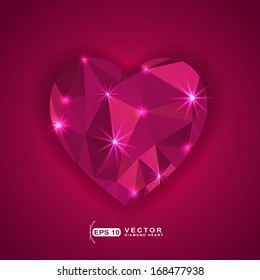 Realistic red diamond in heart shape concept over red background.