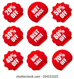 Realistic red discount stickers set. Vector illustration.