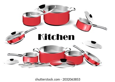 Realistic red dishes. Steel cooking pots with cape, metal saucepan and skillet, isolated cookware. Vector image 3D chrome frying pan and kitchen utensil