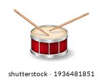 Realistic Red drum and wooden drum sticks. Musical instrument.
