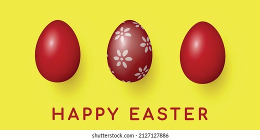 Huevos rojos realistas de Pascua. Felices antecedentes de Semana Santa, diseño de Semana Santa. Copiar área de texto de espacio. Ilustración vectorial para banner de cabecera, fondo de pantalla, volante, tarjeta de saludo o invitación