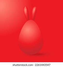 Realistic red egg with bunny ears. Happy easter egg on red background. Holiday decoration for easter holiday. 3D illustration.