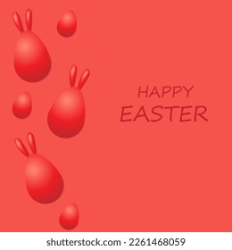 Realistic red egg with bunny ears card on red background. Text Happy easter. Holiday decoration for easter holiday. 3D illustration.