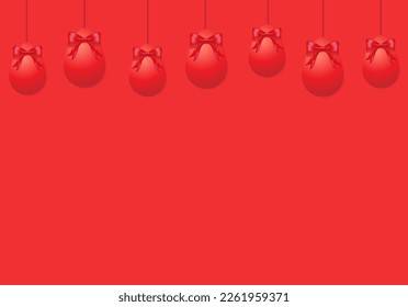 Realistic red egg on red background. Text Happy easter. Holiday decoration for easter holiday. Illustration for greeting card,  invitation, poster.