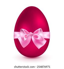 Realistic red egg tied a pink ribbon with a bow. With shadow on white background