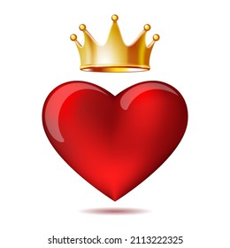 Corazón rojo elegante y realista con la reina de la corona dorada. Feliz Día de San Valentín, símbolo de amor, cuidado, unión. Ilustración vectorial aislada en fondo blanco.