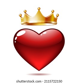 Realistic red elegant heart with golden crown king. Happy valentines day card, symbol of love, care, togetherness. Vector illustration isolated on white background.