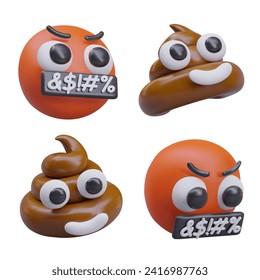 Realistic red emoji with hate, angry reaction, and brown poop with smile in different positions. Composition with bad reaction. Vector illustration in 3d style on white background